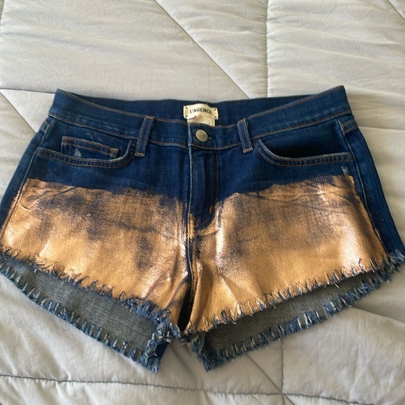 L'AGENCE womens blue denim gold metallic Zoe Le Vintage shorts size 26 NWOT - Picture 2 of 8